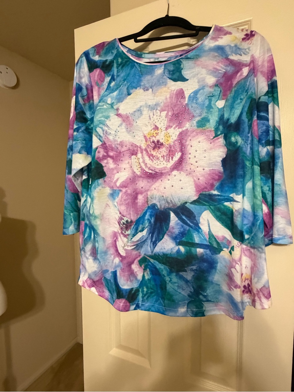 Allison Daley Floral Rhinestone Long Sleeve Top - Blue, Purple, Teal